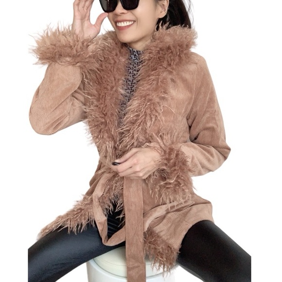 HIPPIE PENNY LANE FAUX FUR COAT WITH WAIST TIE - CAMEL - Picture 8 of 8